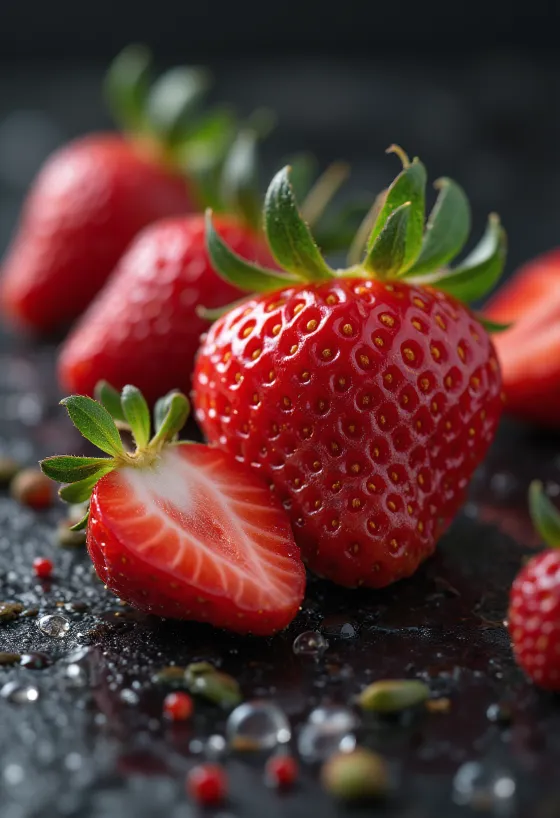 Frische ganze und halbierte Erdbeeren auf einem rustikalen Holztisch, mit Erdbeermarmelade