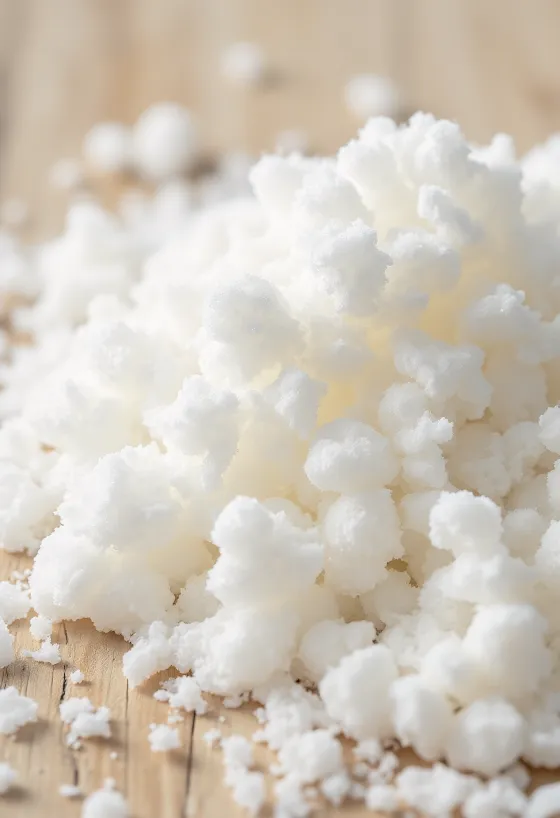 Kristallines weißes Erythrit-Süßungsmittel in Schale, mit Holzlöffel