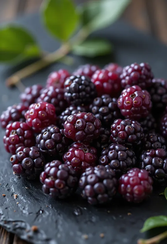 Frische Maulbeeren in verschiedenen Farben, aufgeschnitten und im Ganzen