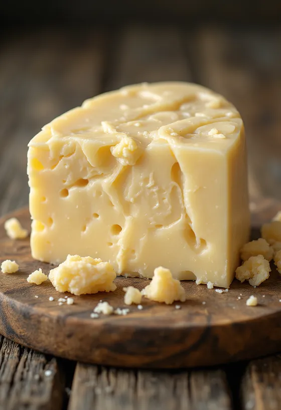 Weißer Cheddar in einer weißen Keramikschale auf einem Holztisch