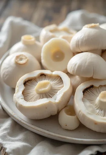 Geschnittene und geputzte Weiße Champignons auf einem Holzschneidebrett