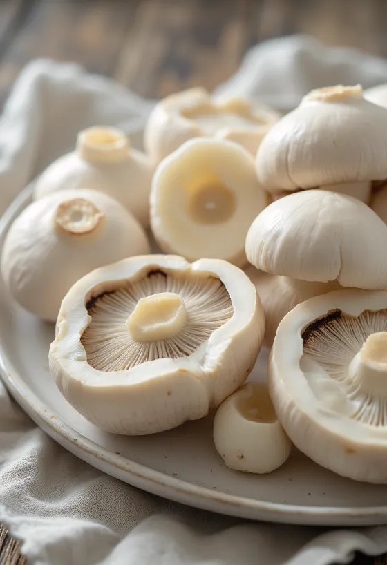 Geschnittene und geputzte Weiße Champignons auf einem Holzschneidebrett
