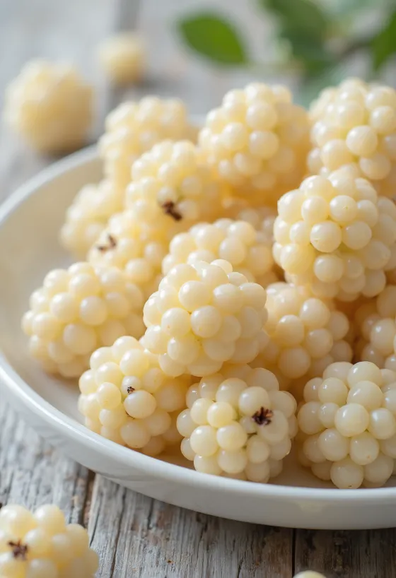 Frische weiße Maulbeeren (Morus alba) aufgeschnitten und ganz auf sauberer Oberfläche
