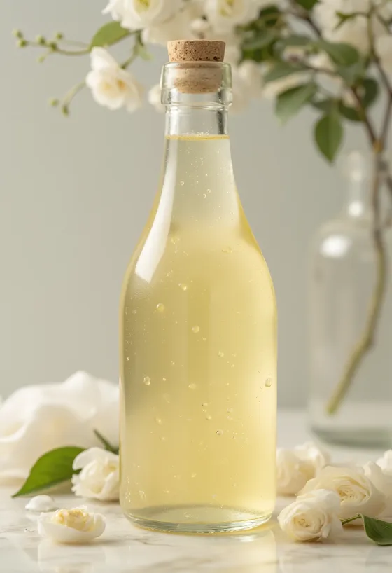 Weißweinessig in Glasschale, daneben weiße Trauben, Traubenmost und Essigmutter in einer Flasche