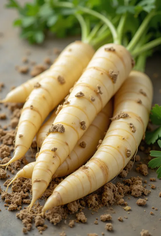 Frische Petersilienwurzel mit grünem Blatt, aufgeschnitten auf einem Holzschneidebrett