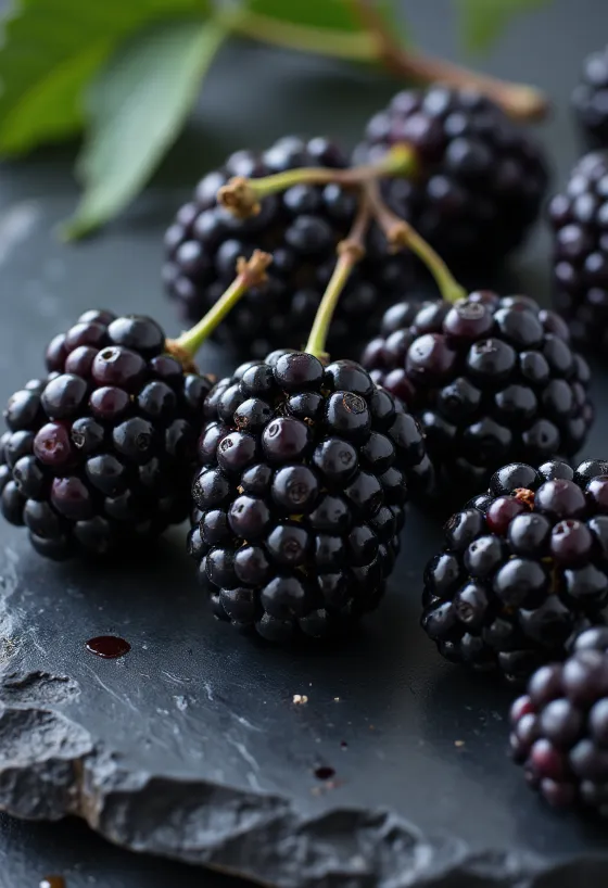 Frische schwarze Maulbeeren (Morus nigra) aufgeschnitten und ganz