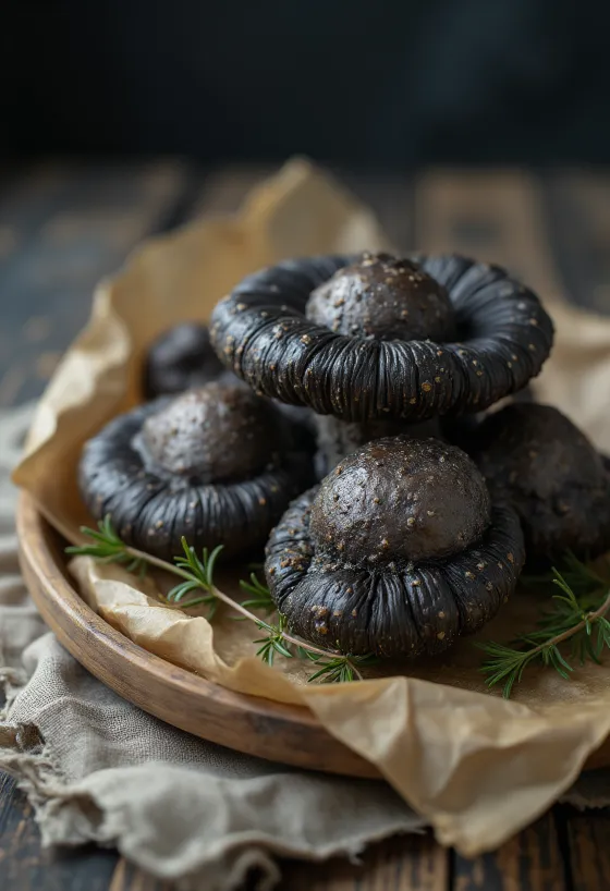 Geschnittene Totentrompeten mit Knoblauch und Thymian serviert