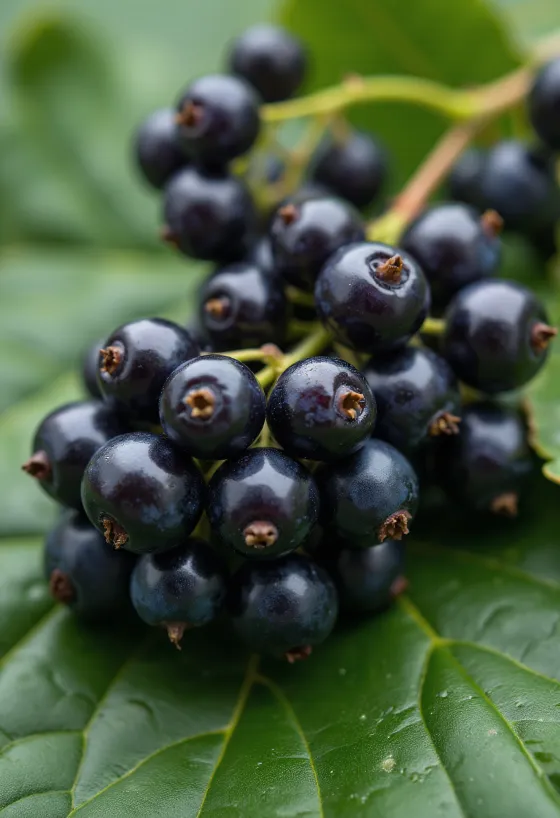Frische schwarze Johannisbeeren in einer Schale und auf dem Tisch, mit hausgemachter Marmelade und Blättern