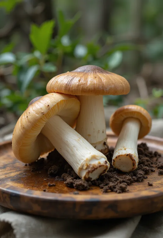 Geschnittene Matsutake-Pilze geputzt, auf einem Holzschneidebrett