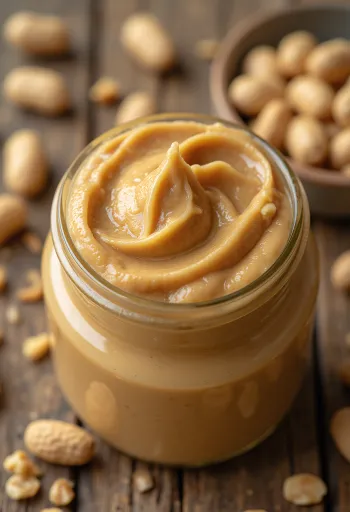 Cremige Erdnussbutter im Glas, mit Löffel und Erdnüssen auf Holzoberfläche