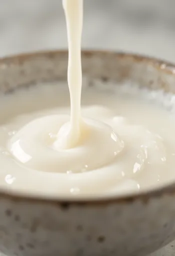 Kochsahne im Glaskännchen, daneben Schälchen mit Sahnesauce
