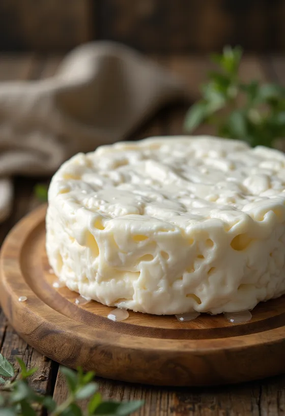 Frischer Gomolya Käse in einer weißen Keramikschale auf einem Holztisch