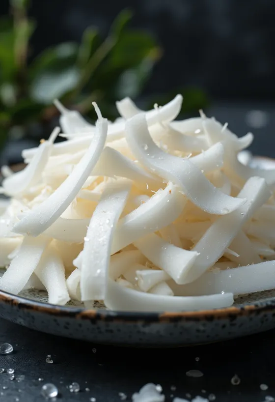 Frische Kokoschips in natürlichen Scheiben auf weißem Hintergrund