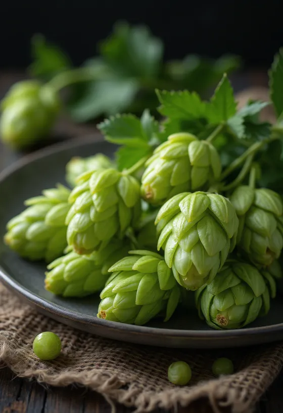 Frische Hopfendolden auf Holzoberfläche, einige geöffnet mit gelbem Lupulin