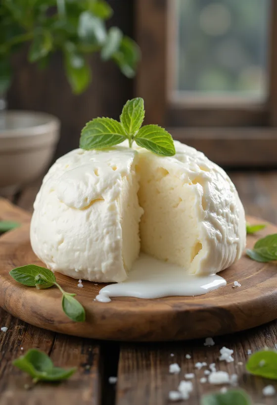 Frischer Mozzarella aus Kuhmilch in weißer Keramikschale auf Holztisch