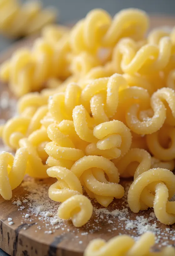 Trockene Fusilli-Nudeln in Spiralform auf einer Holzoberfläche