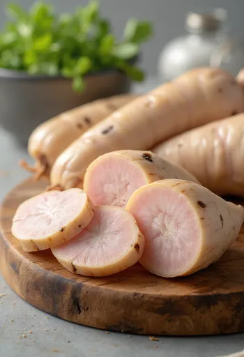Frische Galgantwurzel in Scheiben und in dünne Streifen geschnitten in einer Schale, auf hölzerner Küchenoberfläche