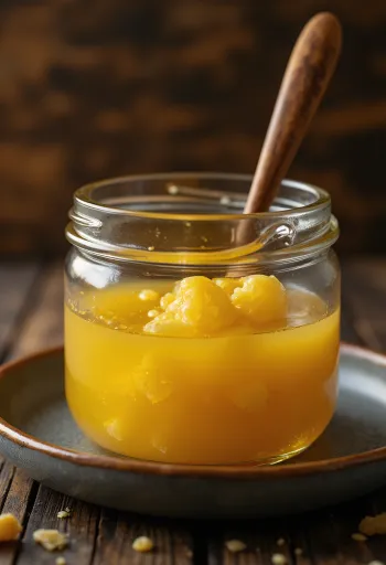 Ghee, also geklärte Butter, in Glasschale mit Holzlöffel auf rustikaler Oberfläche