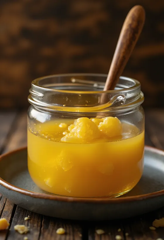 Ghee, also geklärte Butter, in Glasschale mit Holzlöffel auf rustikaler Oberfläche
