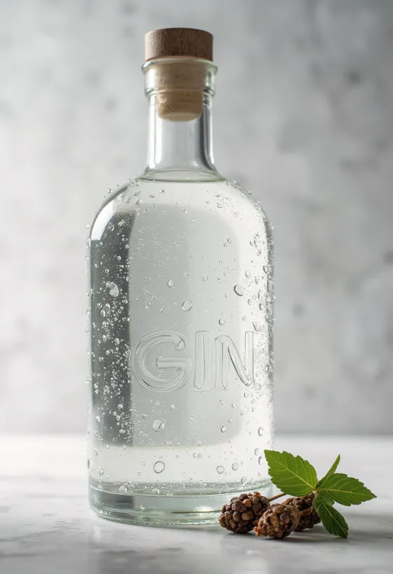 Gin-Flasche und Glas mit Eis, Wacholderbeeren und Gewürzen