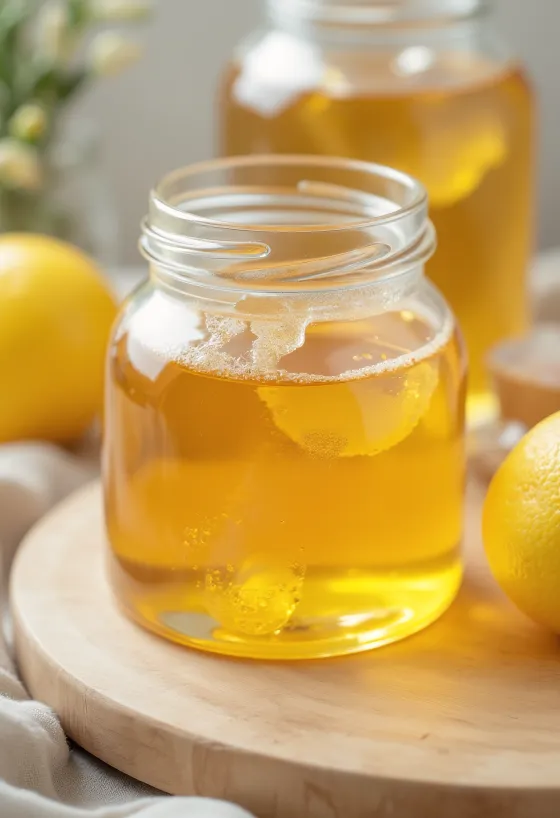 Glukosesirup in kleinem Glas, daneben Sirup, der vom Löffel fließt