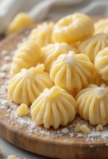 Rohe Gnocchi auf bemehlter Holzoberfläche