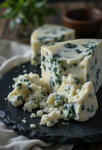 Frischer Gorgonzola Blauschimmelkäse in einer weißen Keramikschale auf einem Holztisch
