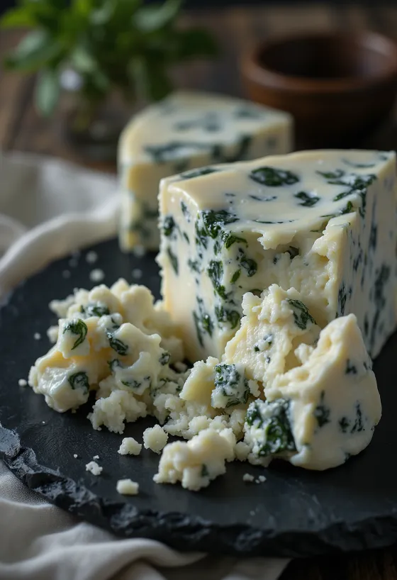 Frischer Gorgonzola Blauschimmelkäse in einer weißen Keramikschale auf einem Holztisch
