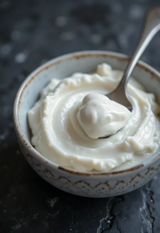 Fester griechischer Joghurt in kleiner Keramikschale, daneben Löffel mit Joghurt