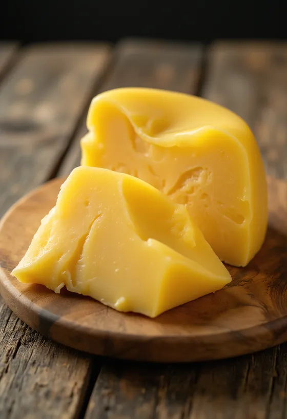 Frischer Gouda Käse in einer weißen Keramikschale auf einem Holztisch