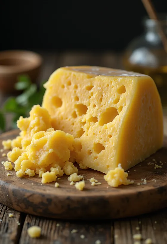 Frischer Grana Padano Käse in einer weißen Keramikschale auf einem Holztisch