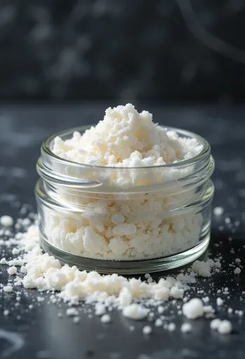 Guarkernmehl in Pulverform in Schale und mit Holzlöffel, vor hellem Hintergrund