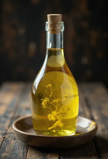 Baumwollsaatöl in Flasche und Schale, daneben Baumwollzweig
