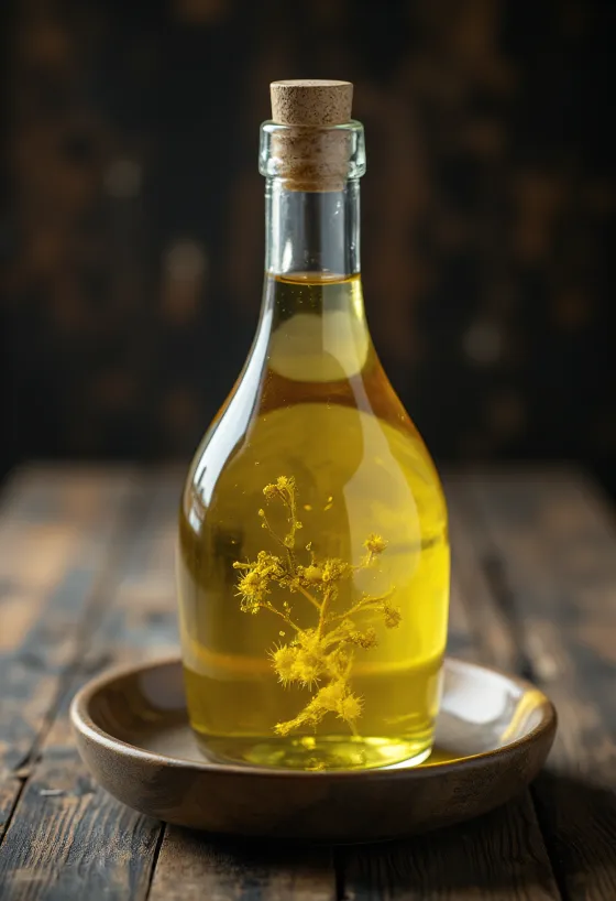 Baumwollsaatöl in Flasche und Schale, daneben Baumwollzweig