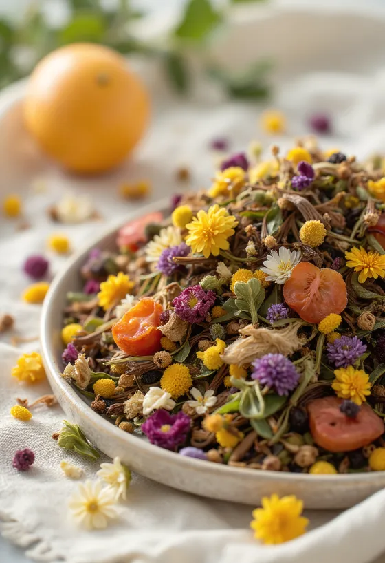 Kräutertee lose, getrocknete Pflanzenmischung in Schale und gestreut mit Holzlöffel