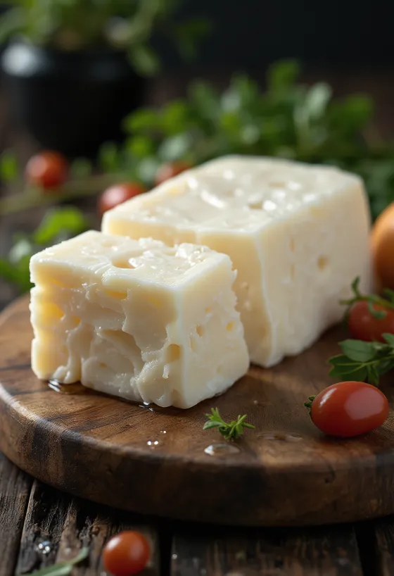 Frischer Halloumi-Käse in einer weißen Keramikschale auf einem Holztisch