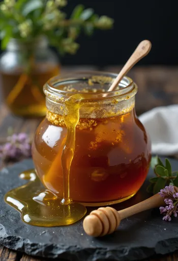 Roher Heidehonig im Glas, mit Honiglöffel und Heideblüten