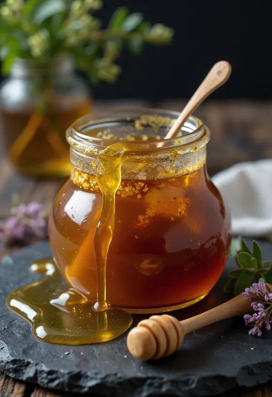 Roher Heidehonig im Glas, mit Honiglöffel und Heideblüten
