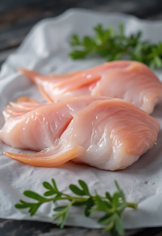 Frische Welsfilets mit Gewürzen, Zitrone und Petersilie auf einem Holzbrett