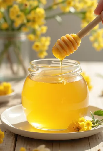 Lindenhonig im Glas, mit Honiglöffel und Lindenblüten