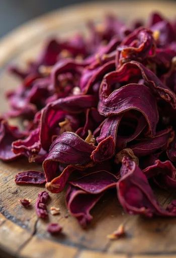 Getrocknete Hibiskusblütenblätter in Schale, mit Holzlöffel, auf Küchenoberfläche verstreut