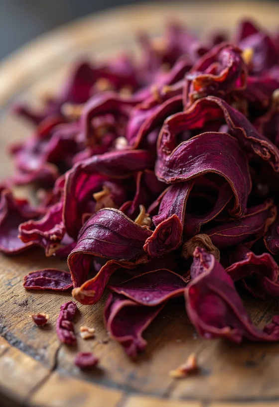 Getrocknete Hibiskusblütenblätter in Schale, mit Holzlöffel, auf Küchenoberfläche verstreut