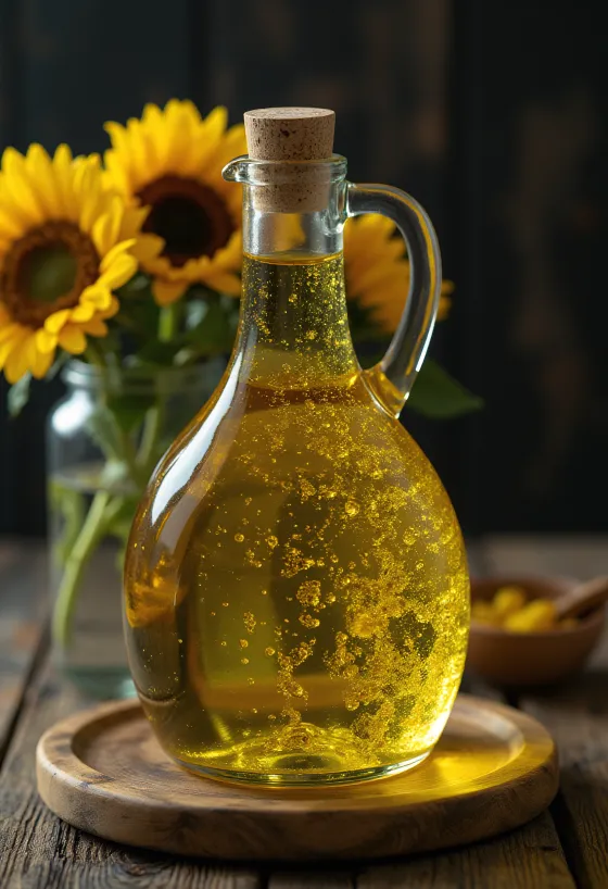 Kaltgepresstes Sonnenblumenöl in kleiner Glasschale mit Sonnenblumenkernen und Blütenblatt