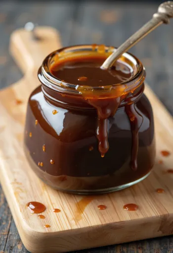 Dunkle Hoisin-Sauce in Keramikschale, umgeben von fermentierten Sojabohnen, Fünf-Gewürze-Mischung, Knoblauch, Essig, Sesamöl und Zucker