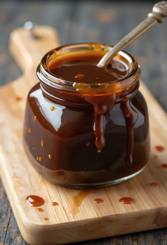 Dunkle Hoisin-Sauce in Keramikschale, umgeben von fermentierten Sojabohnen, Fünf-Gewürze-Mischung, Knoblauch, Essig, Sesamöl und Zucker