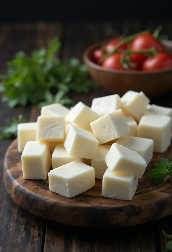 Frischer indischer Paneer Käse in einer weißen Keramikschale auf einem Holztisch