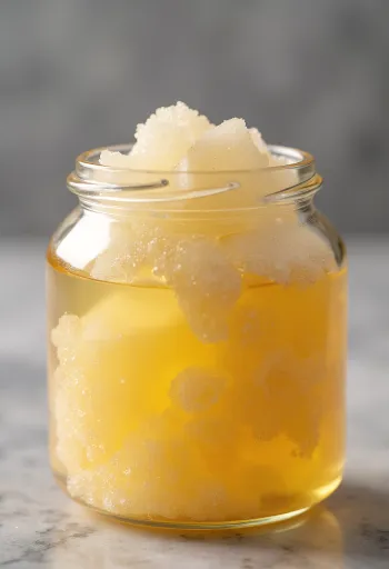 Invertzuckersirup im Glas, vom Löffel fließend, vor hellem Hintergrund