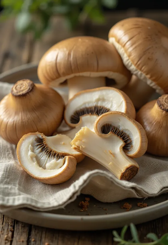 Frisch geschnittene Steinpilze mit Gewürzen auf Holzbrett