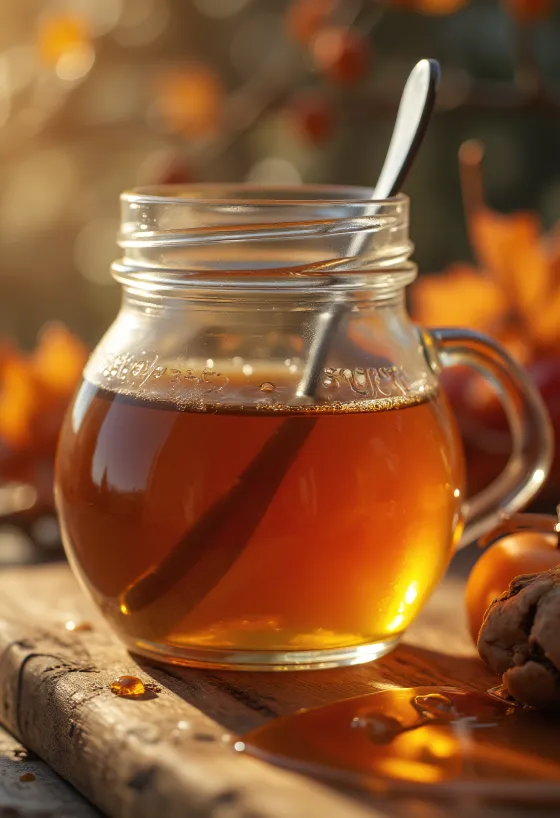 Bernsteinfarbener Ahornsirup im kleinen Glas, mit tropfendem Holzlöffel