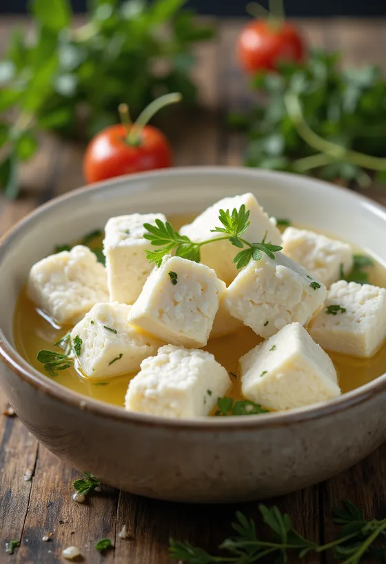 Frischer Schafskäse Feta in einer weißen Keramikschale auf einem Holztisch